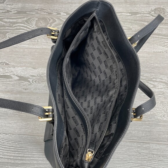 Michael Kors Jet Set Signature Large Tote Purse Black Leather Snap Outer Pocket - Picture 4 of 8